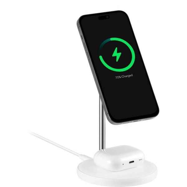 Best Buy essentials™ - 2-in-1 7.5W Magnetic Wireless Charger for iPhone 15/14/13/12 series + AirPods - White - Image 2