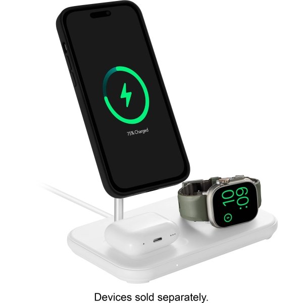 Best Buy essentials™ - 3-in-1 7.5W Magnetic Wireless Charger with Apple Watch Charger Holder for iPhone + Apple Watch + AirPods - White - Image 2